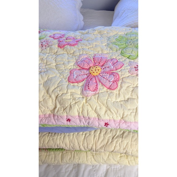 Pottery Barn Kids Other - Pottery Barn Kid Yellow Quilt & Sham Pink Green Flowers Appliquéd Twin Vintage